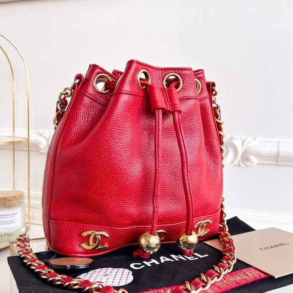 Authentic Chanel CC Bucket Mini Triple coco mark Shoulder Crossbody red B0970 - Picture 5 of 16